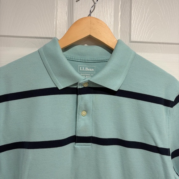 L.L. Bean Men's Blue and Navy Striped Short Sleeved Polo Traditional Fit - Picture 3 of 7